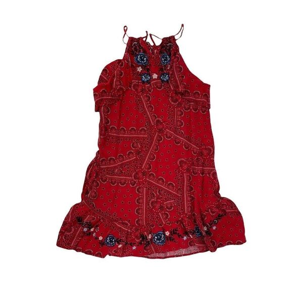 Red Bandana Pattern Dress Floral Embroidered Ruffle Mini Juniors Size M Rodeo - Picture 1 of 10